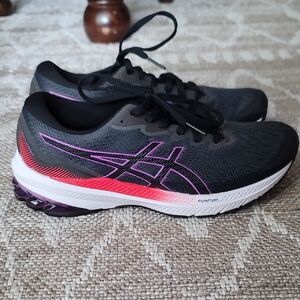 Asics Women's Black Running Shoes with Pink and Red Accents